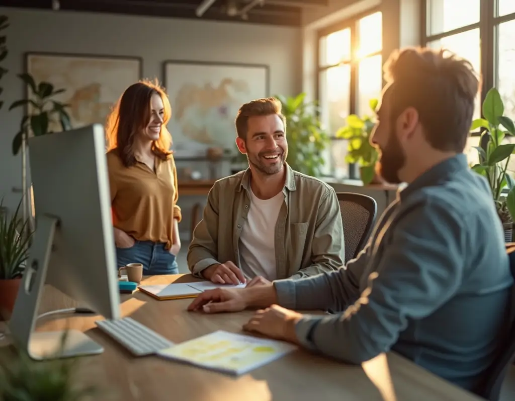 Beratungsgespräch im sonnigen Büro – Team bespricht Maßnahmen zur Conversion Optimierung der Webseite