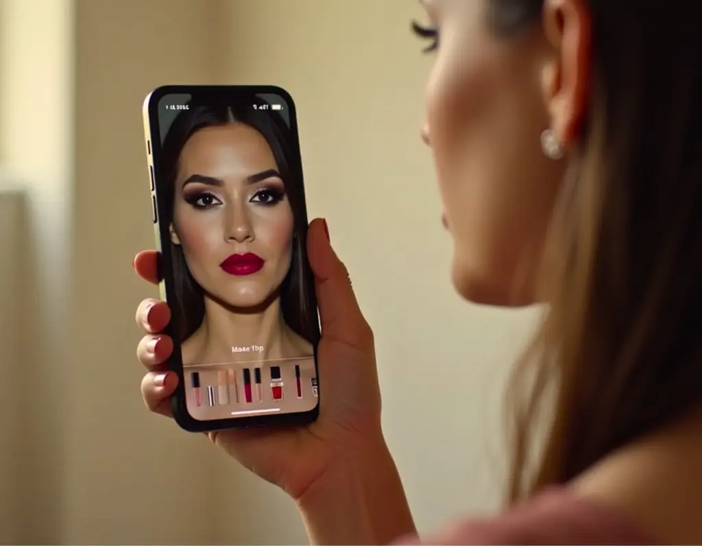 Frau testet Lippenstift-Farben per Augmented-Reality-App auf ihrem Smartphone