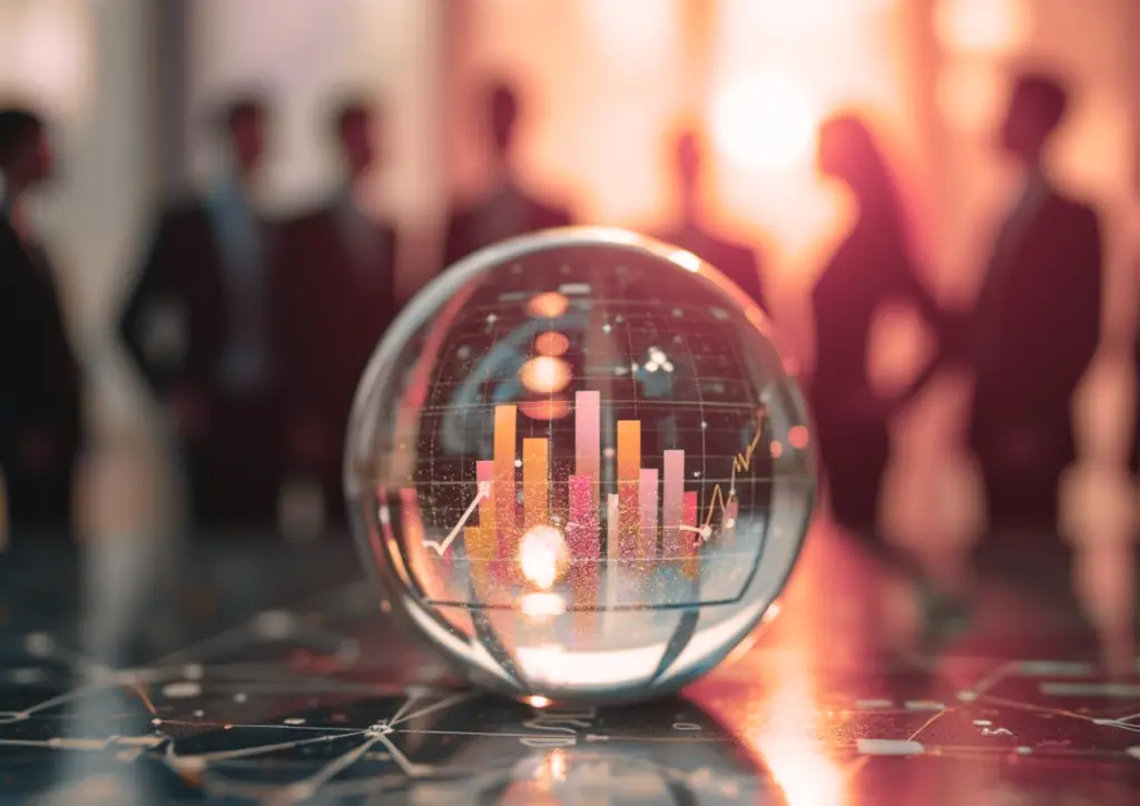 Glaskugel mit Diagrammen vor Business-Silhouetten – Predictive Analytics macht Umsatzprognosen greifbar