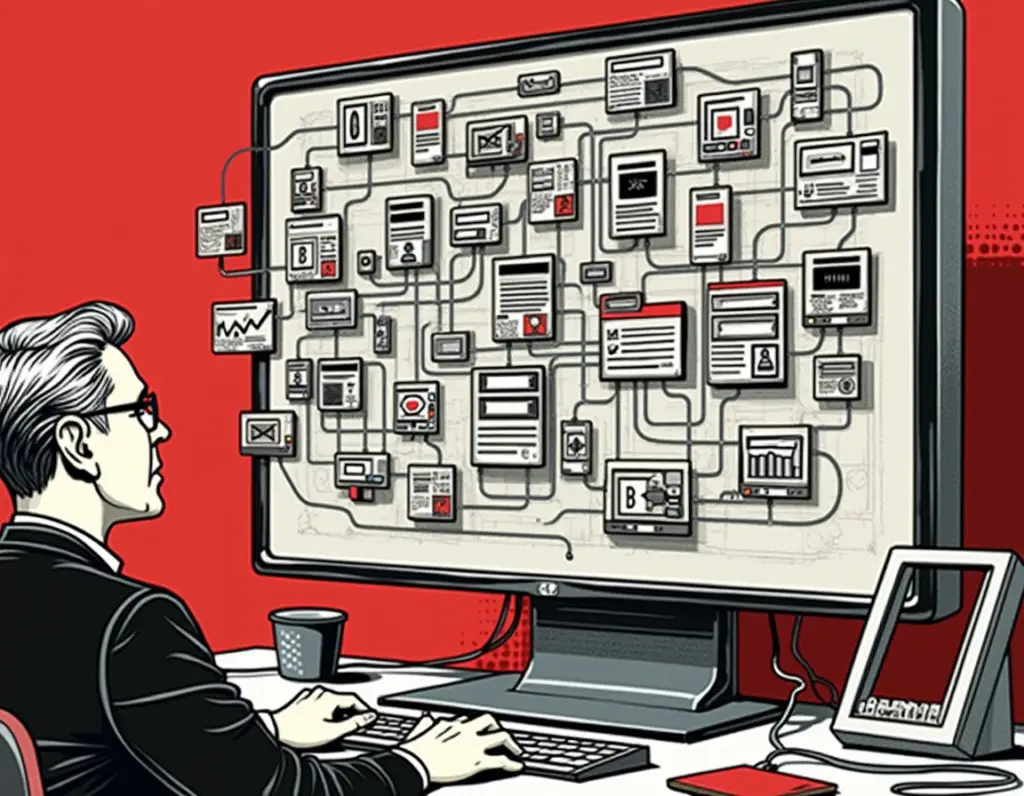 Illustration: Mann prüft am Monitor ein Netz verknüpfter Brancheneinträge – Überblick über lokale Verzeichnisse